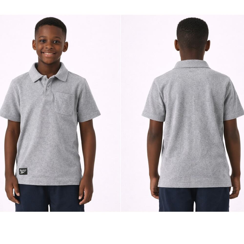 Reebok Polo Shirt Youth M 10-12 Gray Terry Cloth Pocket Short Sleeve Athletic